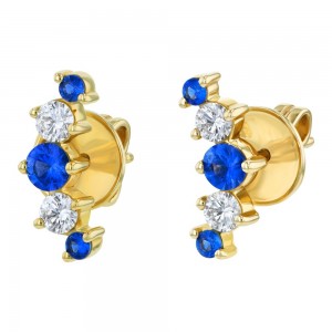14K Yellow Gold Round Diamonds and Blue Sapphires Ear Climber Earrings