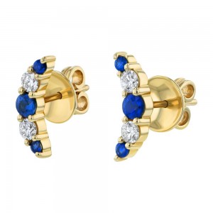 14K Yellow Gold Round Diamonds and Blue Sapphires Ear Climber Earrings