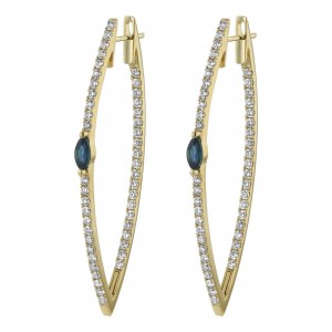 14K Yellow Gold 2.30 carats Inside-Out Diamonds and Blue Sapphires Hoop Earrings