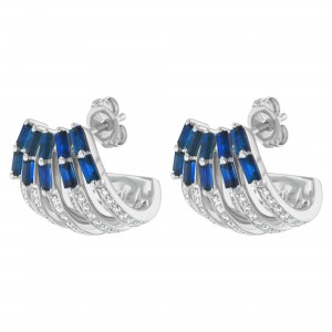 14K White Gold 1.65 carat Diamonds and Baguette Blue Sapphires Ear Wrap Earrings
