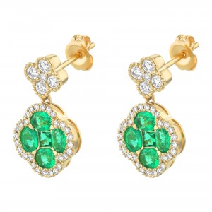 14K Yellow Gold 1.90 carats Diamonds and Green Emeralds Clover Drop Earrings