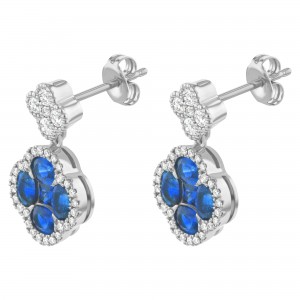 14K White Gold 2.50 carats Diamonds and Blue Sapphires Clover Drop Earrings