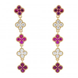 14K Yellow Gold 1.80 carats Diamonds and Rubies Clover Drop Earrings