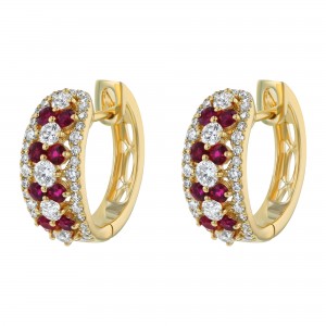 14K Yellow Gold 1.30 carats Diamonds and Rubies Hoop Earrings