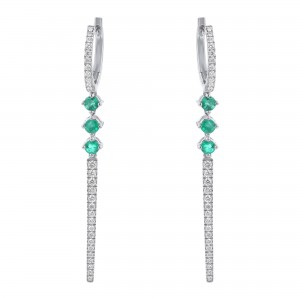 14K White Gold 1.10 carats Diamonds and Green Emeralds Drop Earrings