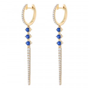 14K Yellow Gold 1.20 carats Diamonds and Blue Sapphires Drop Earrings