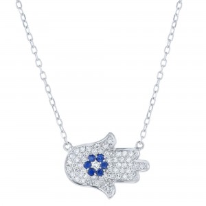 14K White Gold 0.40 carat Diamonds and Blue Sapphires Hamsa Necklace