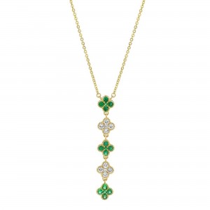 14K Yellow Gold 0.60 carat Diamonds and Emeralds Clover Drop Necklace