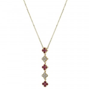 14K Yellow Gold 0.70 carat Diamonds and Rubies Clover Drop Necklace