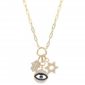 14K Yellow Gold 1.00 carat Black and White Diamonds and Blue Sapphires Charm Necklace