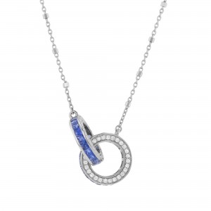 14K White Gold 2.20 carats White Diamonds and Blue Sapphires Entwined Circles Necklace