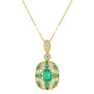 14K Yellow Gold 0.85 carat Diamonds and Green Emeralds Art Deco Necklace