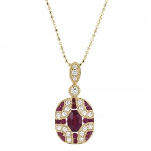 14K Yellow Gold 1.00 carat Diamonds and Red Rubies Art Deco Necklace