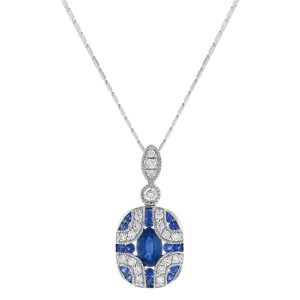 14K White Gold 1.00 carat Diamonds and Blue Sapphires Art Deco Necklace