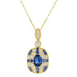 14K Yellow Gold 1.00 carat Diamonds and Blue Sapphires Art Deco Necklace