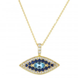 14K Yellow Gold 0.90 carat Diamonds and Blue Sapphires Evil Eye Necklace