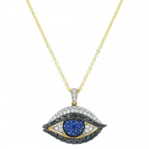 14K Yellow Gold 1.15 carat Diamonds and Blue Sapphires Evil Eye Necklace