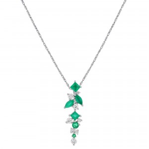 14K White Gold 1.10 carat Diamonds and Emeralds Necklace