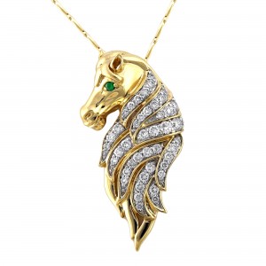 14K Yellow Gold 0.70 carat White Diamonds and Tsavorite Horse Pendant