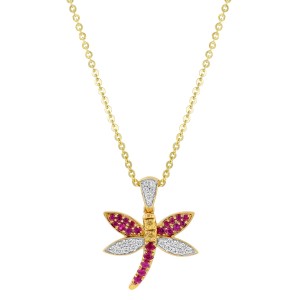 14K Yellow Gold 0.35 carat Diamonds, Rubies and Yellow Sapphires Dragonfly Pendant
