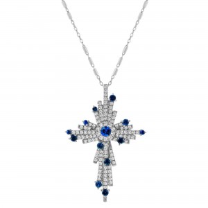 14K White Gold 1.05 carat Diamonds and Blue Sapphires Cross Pendant
