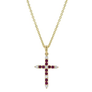 14K Yellow Gold 0.25 carat Diamonds and Rubies Cross Pendant