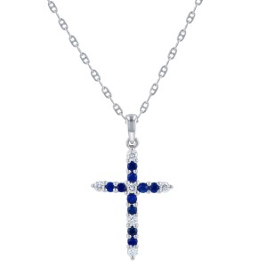 14K White Gold 0.25 carat Diamonds and Blue Sapphires Cross Pendant
