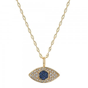 14K Yellow Gold 0.13 carat Diamonds and Blue Sapphires EVIL EYE Necklace