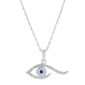 14K White Gold 0.25 carat Diamonds and Blue Sapphires Evil Eye Necklace