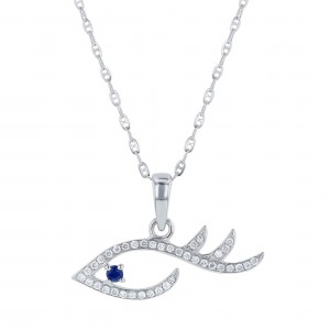 14K White Gold 0.23 carat Diamonds and Blue Sapphires Evil Eye Necklace