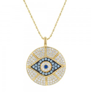 14K Yellow Gold 1.8 carat Diamonds, Blue Sapphire and Swiss Blue Topaz EVIL EYE Necklace