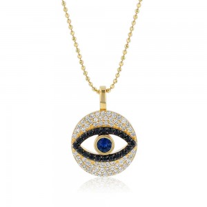 14K Yellow Gold 0.60 carat Black and White Diamonds and Blue Sapphire EVIL EYE Necklace