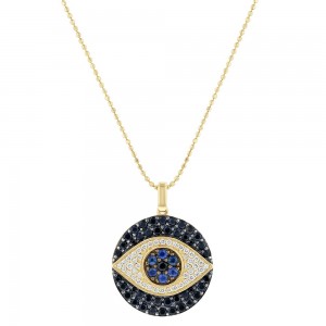 14K Yellow Gold 1.55 carat Diamonds, Blue and Black Sapphire EVIL EYE Necklace