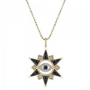 14K Yellow Gold 0.37 carat Black and White Diamonds and Blue Sapphire EVIL EYE COMPASS Necklace