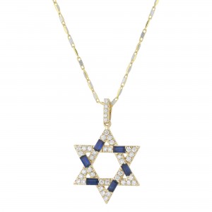 14K Yellow Gold 0.70 carat Diamonds and Blue Sapphires Star of David Necklace