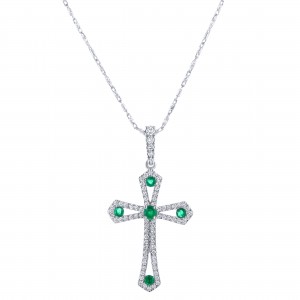 14K White Gold 0.60 carat Diamonds and Green Emeralds Cross Pendant