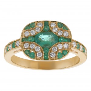 14K Yellow Gold 1.00 carat Diamonds and Green Emeralds Art Deco Ring