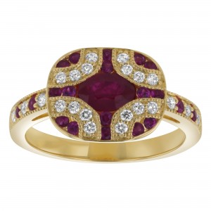 14K Yellow Gold 1.10 carat Diamonds and Red Rubies Art Deco Ring
