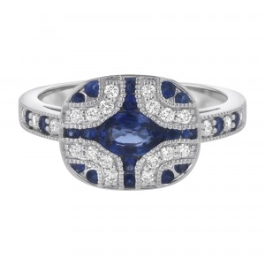 14K White Gold 1.20 carat Diamonds and Blue Sapphires Art Deco Ring