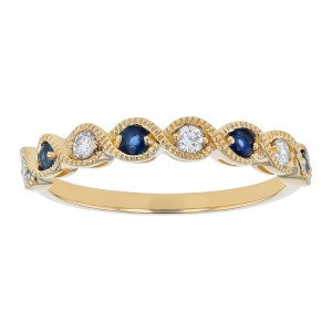 14K Yellow Gold Diamond and Blue Sapphires Milgrain Infinity Band Ring