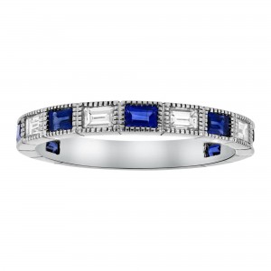 14K White Gold Baguette Diamonds and Blue Sapphires Band Ring