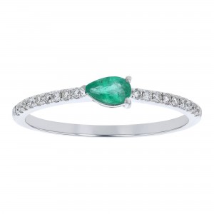 14K White Gold Diamonds and Pear Shape Emeralds Band Ring