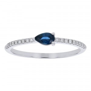 14K White Gold Diamonds and Pear Shape Blue Sapphire Band Ring