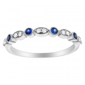 14K White Gold Diamond and Blue Sapphires Milgrain Band Ring