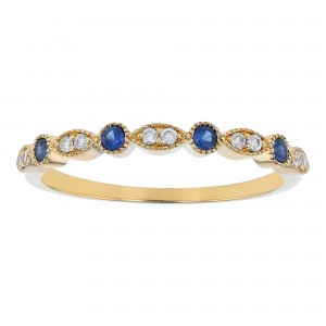 14K Yellow Gold Diamond and Blue Sapphires Milgrain Band Ring