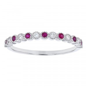 14K White Gold Diamond and Rubies Milgrain Band Ring