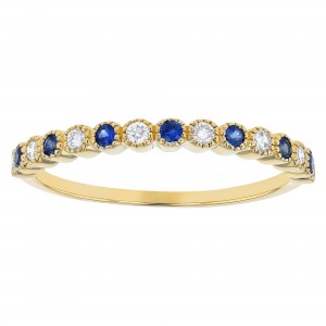 14K Yellow Gold Diamond and Blue Sapphires Milgrain Band Ring
