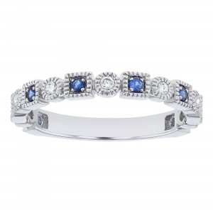 14K White Gold Diamond and Blue Sapphires Milgrain Band Ring