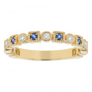 14K Yellow Gold Diamond and Blue Sapphires Milgrain Band Ring