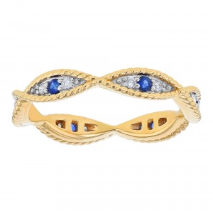 14K Yellow Gold Diamond and Blue Sapphires Milgrain Eternity Band Ring